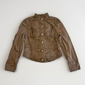 VTG Zoompy Paris denim military style Brown‎ Jacket tie back detail Large Y2K